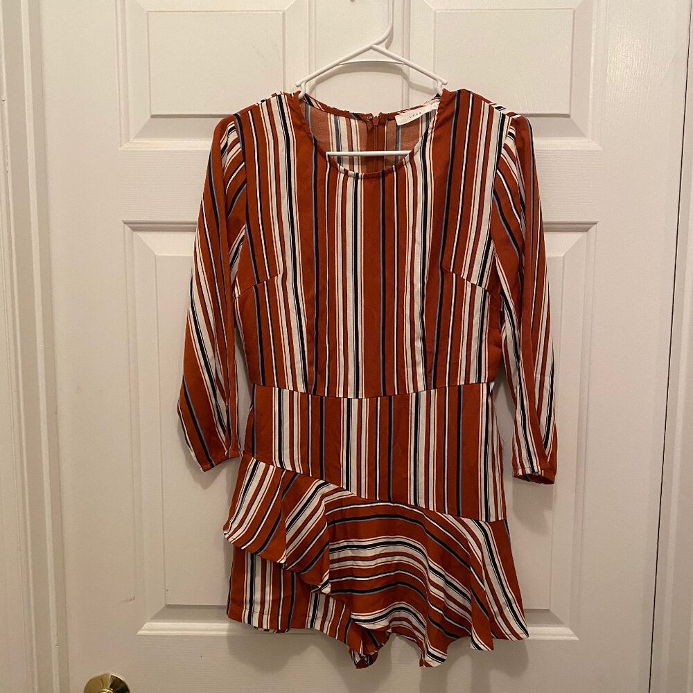Lush Women's Kixster Striped Wrapped Romper 3/4 Sleeve Brown White Blue Small